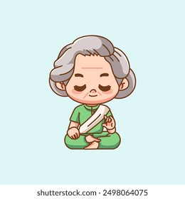 Linda India abuela meditación yoga kawaii chibi personaje mascota ilustración esquema estilo diseño