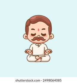 Cute india man meditation yoga kawaii chibi character mascot illustration outline style design