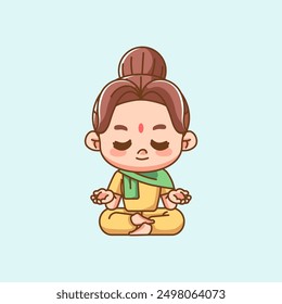 Cute india woman meditation yoga kawaii chibi character mascot illustration outline style design