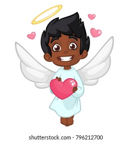 Cute Indian or Arab Boy Cupid  Hugging a Heart. Cartoon illustration of Cupid character for St Valentine's Day isolated on white