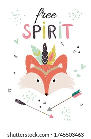 Cute indian baby fox, tribal animal with headband and feathers. Vector illustration for print, fabric design, cards, invitations. 
