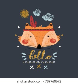 cute indian baby fox/hand drawn vector illustration/can be used for kid's or baby's shirt design/ fashion print design/ fashion graphic/ t-shirt/ kids wear/tee