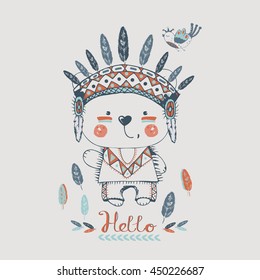 cute indian bear in Indian headband and bird./hand drawn vector illustration/can be used for kid's or baby's shirt design/ fashion print design/ fashion graphic/ t-shirt/ kids wear