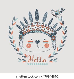 cute indian bear in Indian headband and bird./hand drawn vector illustration/can be used for kid's or baby's shirt design/ fashion print design/ fashion graphic/ t-shirt/ kids wear