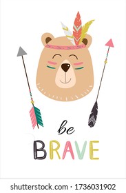 Cute indian bear. Vector illustration, card design with hand drawn decorative text.