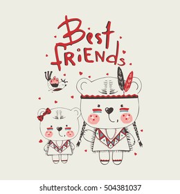 cute indian bears /sisters/best friends /hand drawn vector illustration/can be used for kid's or baby's shirt design/ fashion print design/ fashion graphic/ t-shirt/ kids wear/tee