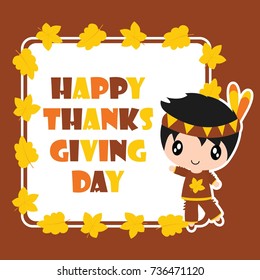 Cute Indian boy and maple leaves frame vector cartoon illustration for thanksgiving's day card design, wallpaper and greeting card