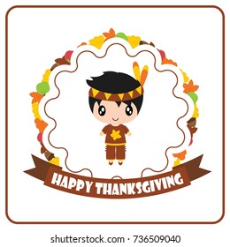 Cute Indian boy in maple leaves wreath vector cartoon illustration for thanksgiving's day card design, wallpaper and greeting card 