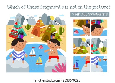 Cute Indian boys play with boats near wigwams. Find all fragments. Game for children. Cartoon character vector illustration.