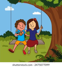 Cute Indian Brother and Sister Swinging After Celebrating Raksha Bandhan Festival, Can Be Used as Greeting Card.