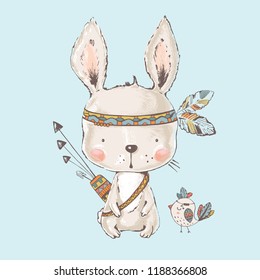 Cute indian Bunny.cartoon hand drawn vector illustration. Can be used for t-shirt print,kids wear fashion design,baby shower invitation card