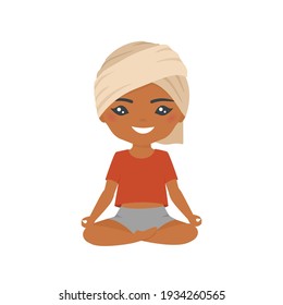 Cute indian chibi boy doing yoga, isolated on white background. Cartoon flat style. Vector illustration