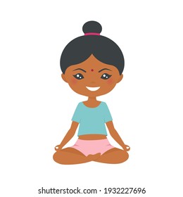Cute indian chibi girl doing yoga on a white background. Cartoon flat style. Vector illustration