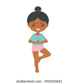 Cute indian chibi girl doing yoga on a white background. Cartoon flat style. Vector illustration