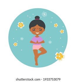 Cute indian chibi girl doing yoga on blue background. Cartoon flat style. Vector illustration
