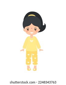 Cute Indian chibi girl dressed in pajamas,  isolated on white background. Doll house interior concept. Cartoon flat style. Vector illustration