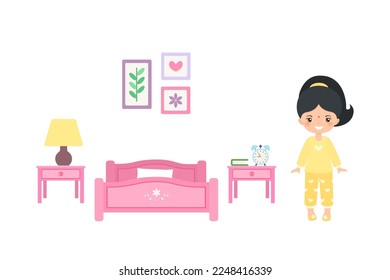 Muchacha india guisante linda vestida con pijamas en el dormitorio. El concepto de la casa de muñecas. Caricatura de estilo plano. Ilustración del vector