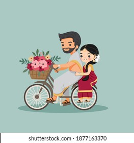 cute Indian couple with bicycle with flower in traditional dress