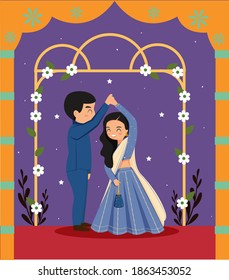 cute Indian couple dancing under the flower arch cartoon character