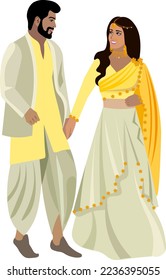 Cute Indian Couple in Elegant Wedding Suits Smiling Vector