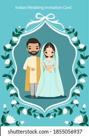 Cute Indian couple with flower wedding invitation card 