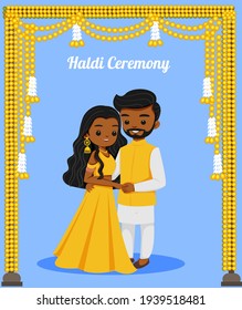 Cute Indian couple in Haldi outfit for wedding ceremony