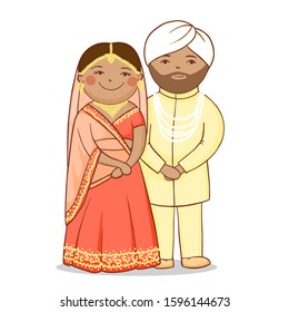 Cute indian couple married. traditional hindu wedding. Bride and bridegroom. Cartoon vector illustration isolated