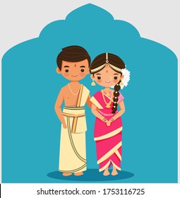 Cute Indian Couple In Tamil Iyengar Traditional Wedding Dress Cartoon Character For Wedding Invitation Card Design.