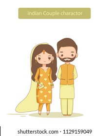 cute indian couple vector in traditional dress.