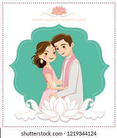 cute indian couple for wedding invitations card, vector isolated with background