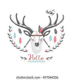 cute indian deer and bird./hand drawn vector illustration/can be used for kid's or baby's shirt design/ fashion print design/ fashion graphic/ t-shirt/ kids wear