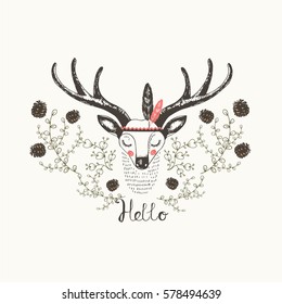 cute indian deer/hand drawn vector illustration/can be used for kid's or baby's shirt design/ fashion print design/ fashion graphic/ t-shirt/ kids wear