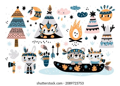 Cute indian elements. Funny little woodland animals with tribal paint on faces, patterned baby bunny, owl and fox. Native wigwam and canoe, childish collection vector