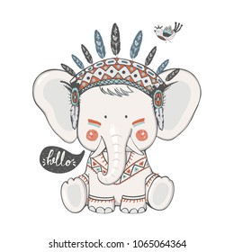 cute indian Elephant in Indian headband and bird./hand drawn vector illustration/can be used for kid's or baby's shirt design/ fashion print design/ fashion graphic/ t-shirt/ kids wear