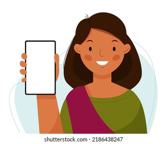 A Cute Indian Girl Holds A Phone In Her Hands. The Woman Shows An Empty Phone And Smiling. Vector Flat Illustration