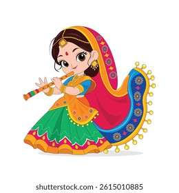 Cute Indian girl playing a flute in traditional dress in vibrant colors vector illustration
