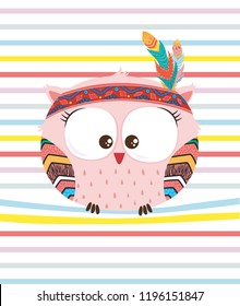 Cute indian hand drawn owl character on colorful stripes.Collection of owl. Vector illustration