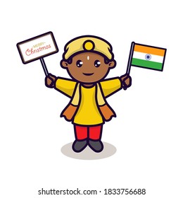 Cute Indian kid holding Christmas banner