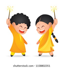 Cute indian kids enjoying firecracker celebrating Diwali/Deepavali in vector
