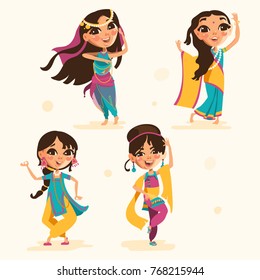 Cute indian kids, girls in traditional indian clothes set, collection. Cartoon girls characters, beautiful national costumes of India
