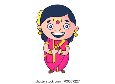 Cute Indian Lady Priest Character Smiling. Vector Illustration Isolated on white background