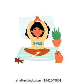 Cute Indian or Latin girl in t-shirt with Yoga lettering put down a toy and meditates in lotus or padmasana pose with hands up above her head, amazed cat looks at her. Vector hand-drawn illustration.