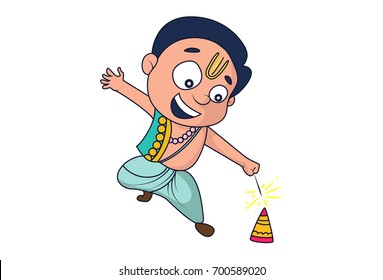  Cute Indian Male Priest Character burning Cracker. Vector Illustration Isolated on white background