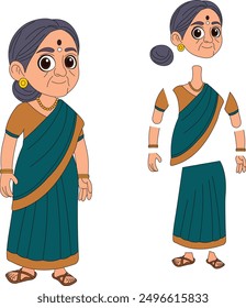 cute indian old woman model sheet cartoon illustration