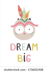 Cute indian owl. Vector illustration, card design with hand drawn decorative text.
