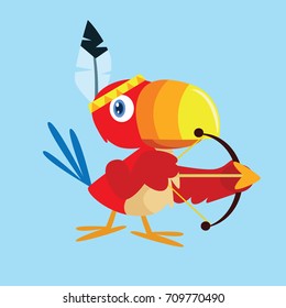 Cute indian red toucan playing with bow and arrow, kid illustration