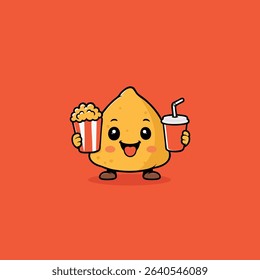Cute Indian Samosa Mascot Enjoying Popcorn and Cold Drink – Vector Cartoon for Fast Food and Snack Themes
