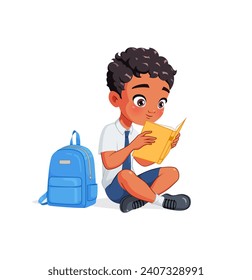 Cute Indian school boy in uniform reading an interesting book while sitting on the floor. Cartoon vector illustration isolated on white background.