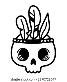 Cute Indian skull vector illustration. Kawaii skull head logo wearing Indian chief accessories collection. Funny skull chief hand drawn. Black and white illustrations isolated on white background