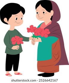 Cute Indian Son and Elderly Mother with Flowers